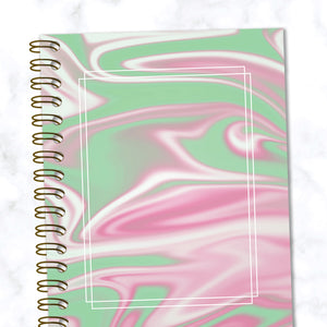 Hard Cover Spiral Notebook - Abstract Liquid Marble Design - Green and Pink - Front Cover Close up View