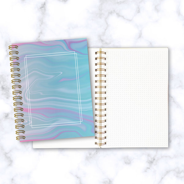 Hard Cover Spiral Notebook - Abstract Liquid Marble Design - Blue and Purple - Front & Inside Pages