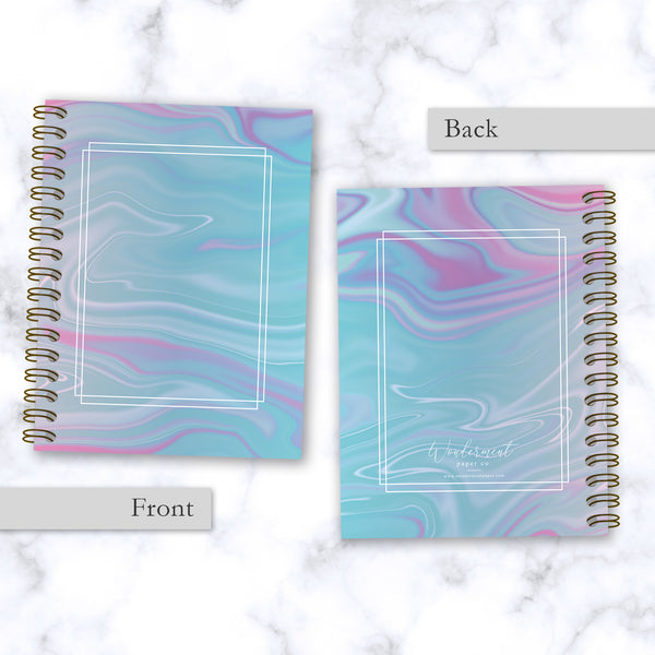 Hard Cover Spiral Notebook - Abstract Liquid Marble Design - Blue and Purple - Front and Back