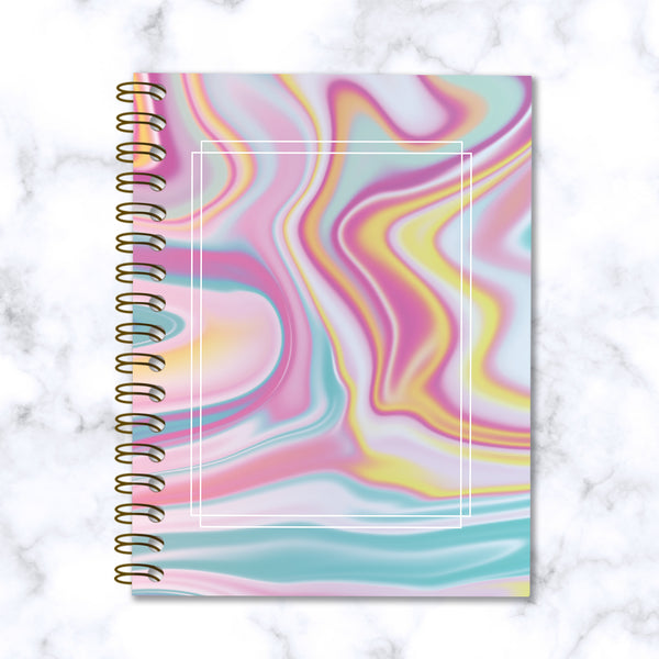 Hard Cover Spiral Notebook - Abstract Liquid Marble Design - Yellow/Pink/Blue - Front Cover