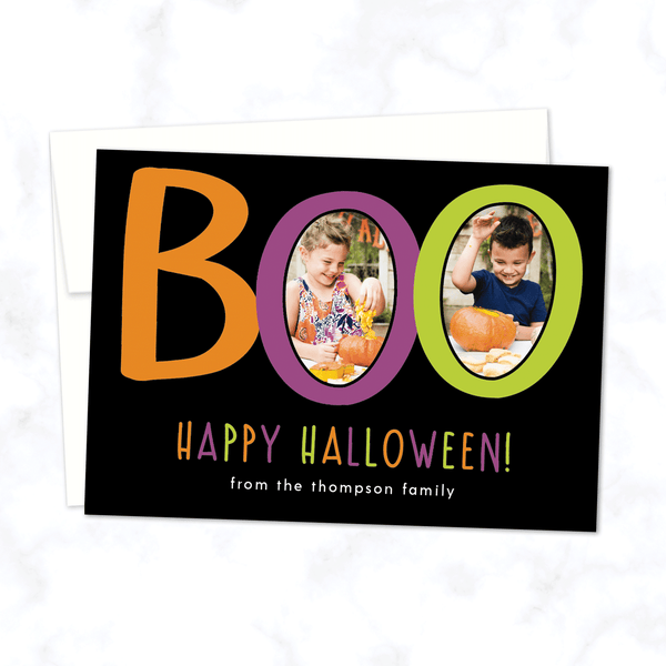 Boo! Custom Halloween Photo Card with Two Photos - with Black Background and White Envelope