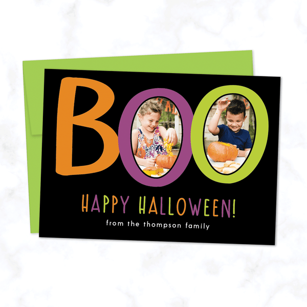Boo! Custom Halloween Photo Card with Two Photos - with Black Background and Lime Green Envelope