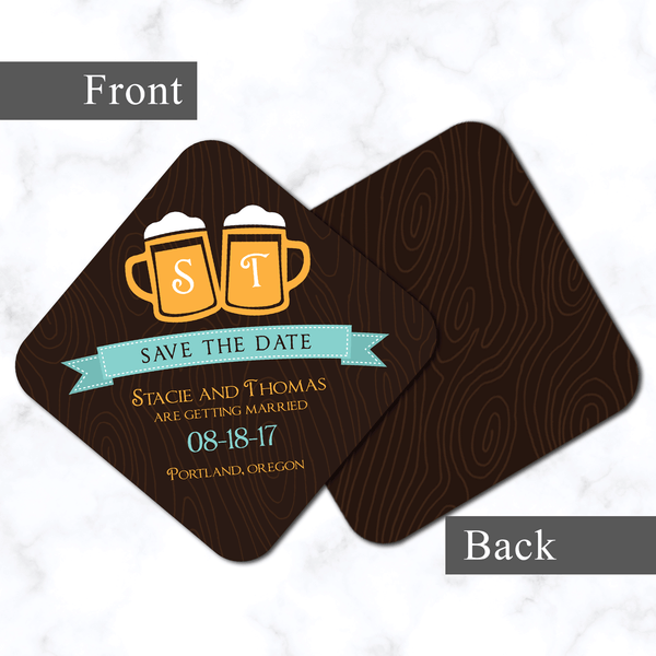 Beer Themed Save the Date Coasters - Front and Back View - Unique Wedding Save the Date Coasters - 4x4 with Rounded Corners