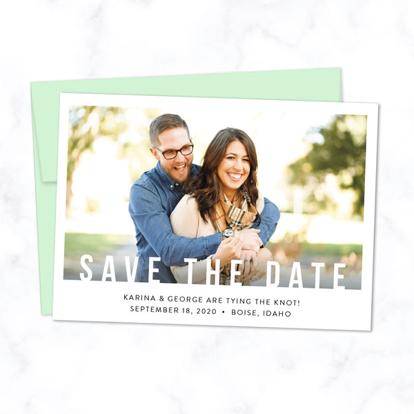 Minimal Save the Date Card with Photo and Modern Bold Typography shown with Pistachio Green Envelope