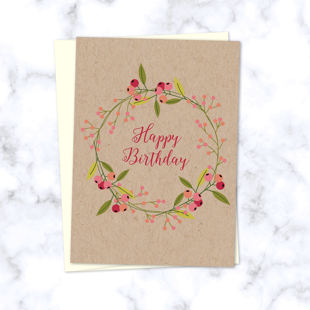 Floral Olive Branch Wreath Happy Birthday Card on Kraft Paper - Cream Envelope Included