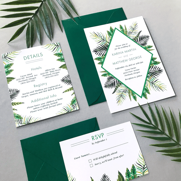 Full Wedding Invitation Set with RSVP and Details Card - The Callisto Suite - Tropical Palm Leaves Wedding Invitation Suite