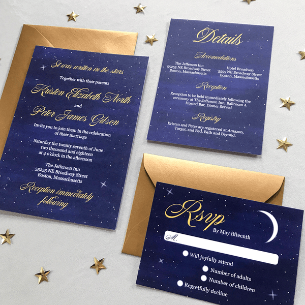 Full Wedding Invitation Set with RSVP and Details Card- The Luna Suite - Written in the Stars Navy Blue and Gold Wedding Theme