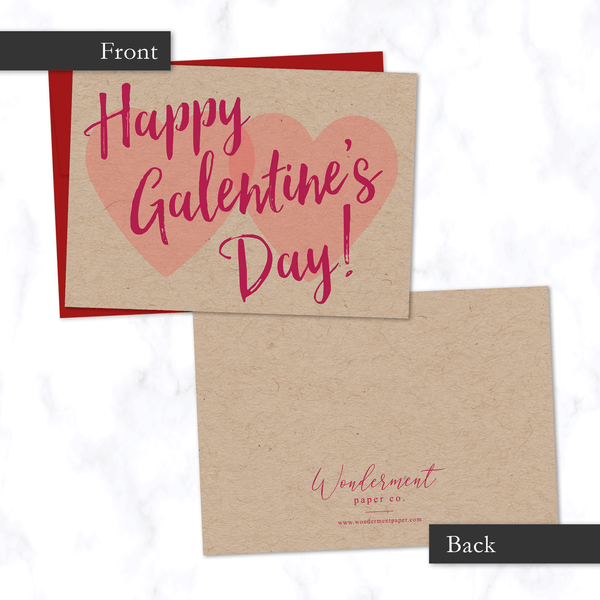 Galentine's Day Card - Front and Back View - Two Hearts and Modern Cursive Script with phrase "Happy Galentine's Day" on Front - Valentine's Day Card for Friend