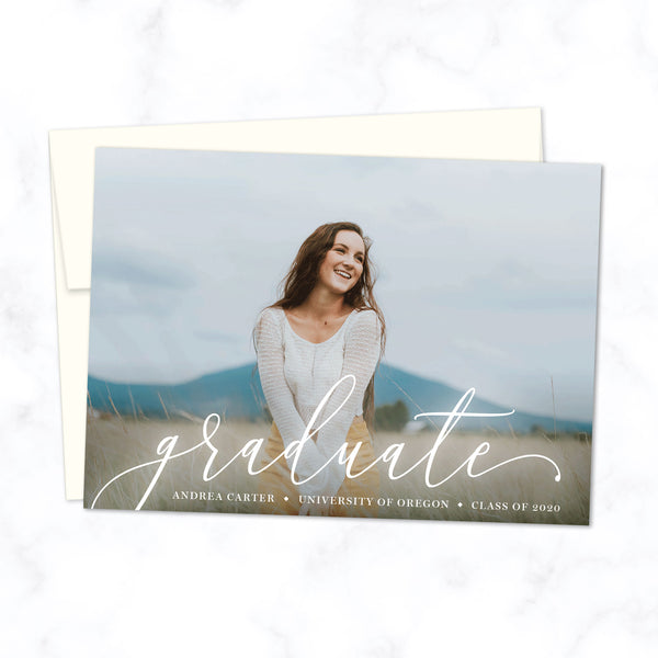 Graduate Announcement Photo Card with Script Font and Full Photo Background, Shown with Cream Envelope