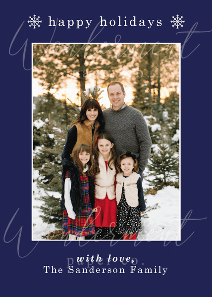 Minimal Holiday Photo Card - Watermarked Sample Card - Happy Holidays Navy Blue Christmas Family Photo Card - Custom Printed Cards and Envelopes