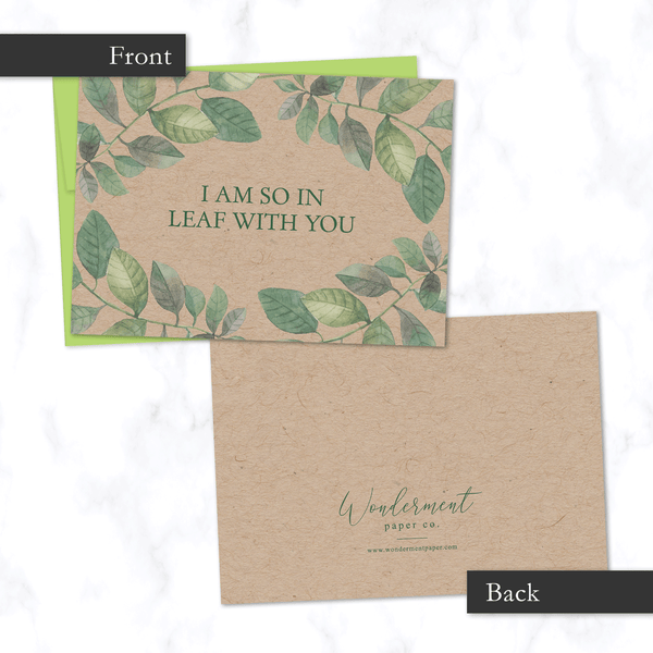 So in Leaf with You Illustrated Card Front and Back View - with Watercolor Leaf Illustration on Front - for Valentine's Day or Anniversary - on Kraft paper with Green Envelope Included