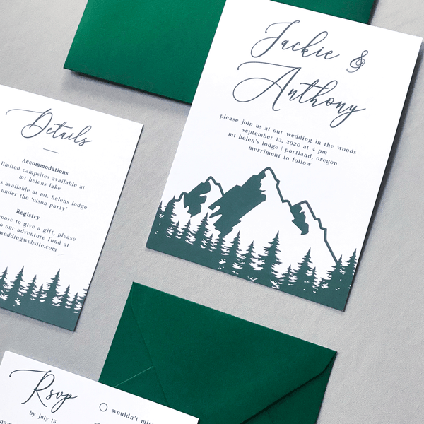 Invitation Close Up with RSVP and Details Card - The Aurora Suite - Mountains in the Woods Wedding Theme