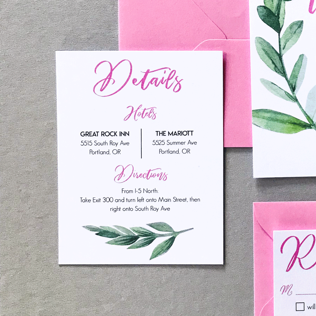 Details Insert Card - Miranda Suite - Pink and Watercolor Green Leaf Wedding Invitations