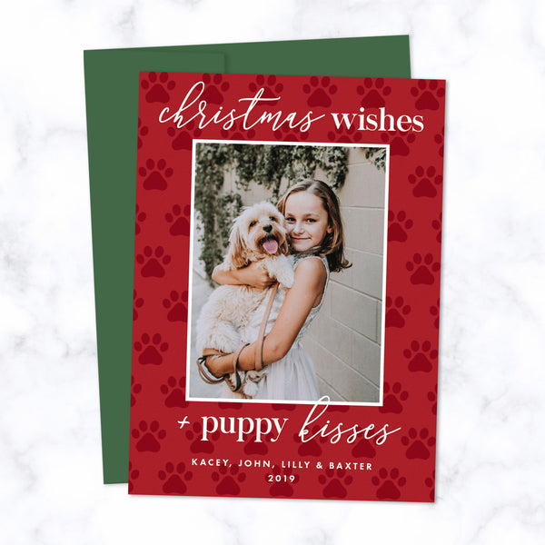 Christmas Photo Cards with Pet Photo - Christmas Wishes and Puppy Kisses - Envelopes Included
