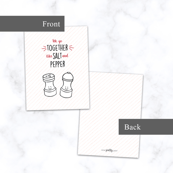 Salt and Pepper Card - Front and Back View - Illustrated A2 Greeting Card for Valentine's Day or Anniversary