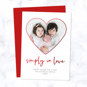 Simply in Love Valentine's Day Photo Card with Heart Shaped Photo Frame, Metallic Red Foil and Modern Script font, includes bright red envelope
