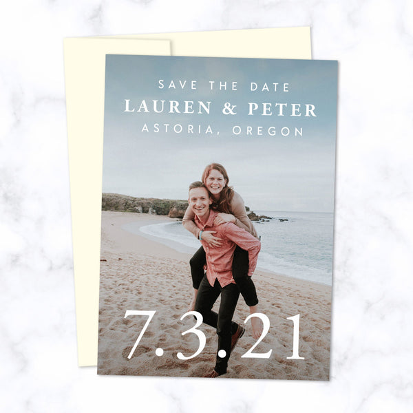 Classic Type Save the Date Cards with Full Frame Photo, Extra Large Date and Minimal Modern Typography shown with Cream Envelope