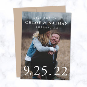 Classic Type Save the Date Cards with Full Frame Photo, Extra Large Date and Minimal Modern Typography shown with Harvest Brown Envelope