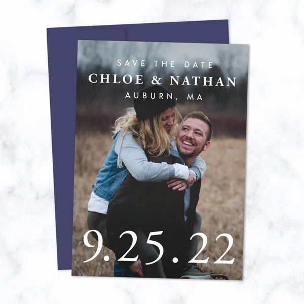 Classic Type Save the Date Cards with Full Frame Photo, Extra Large Date and Minimal Modern Typography shown with Navy Blue Envelope