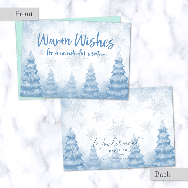 Warm Wishes Holiday Greeting Card Front and Back View with Whimsical Snowy Winter Forest Illustration - Light Blue Envelope Included