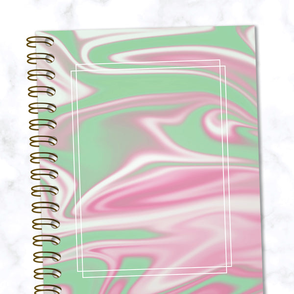 Hard Cover Spiral Notebook - Abstract Liquid Marble Design - Green and Pink - Front Cover Close up View