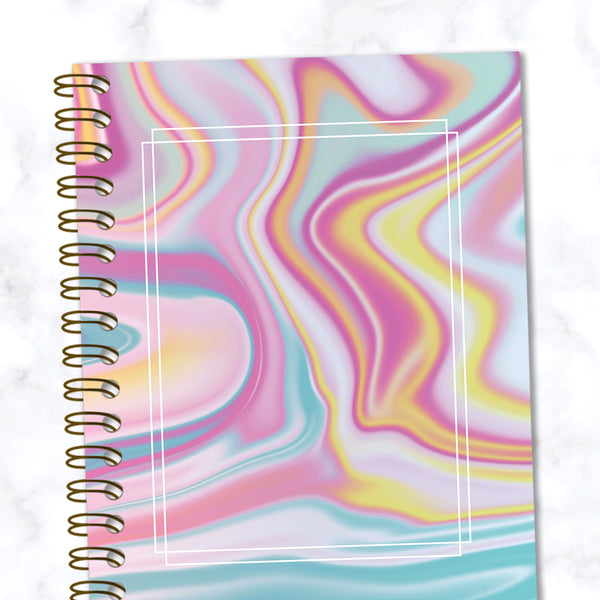 Hard Cover Spiral Notebook - Abstract Liquid Marble Design - Yellow/Pink/Blue - Front Cover Close Up View