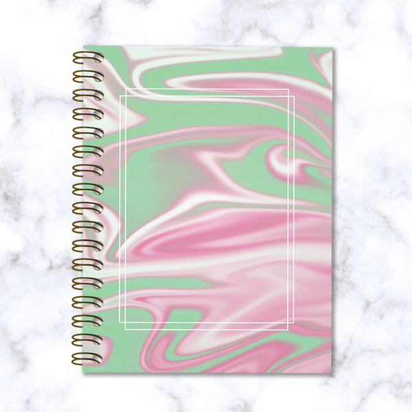 Hard Cover Spiral Notebook - Abstract Liquid Marble Design - Green and Pink - Front Cover