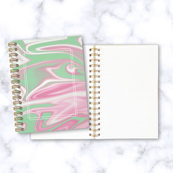Hard Cover Spiral Notebook - Abstract Liquid Marble Design - Green and Pink - Front & Inside Pages