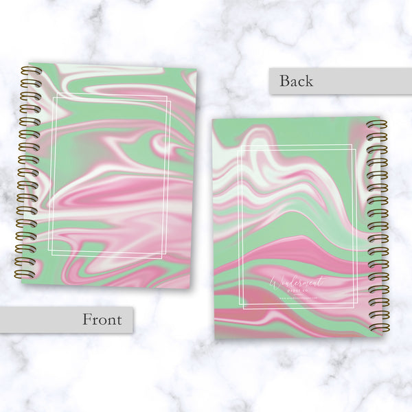 Hard Cover Spiral Notebook - Abstract Liquid Marble Design - Green and Pink - Front and Back
