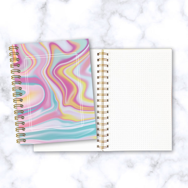 Hard Cover Spiral Notebook - Abstract Liquid Marble Design - Yellow/Pink/Blue - Front & Inside Pages