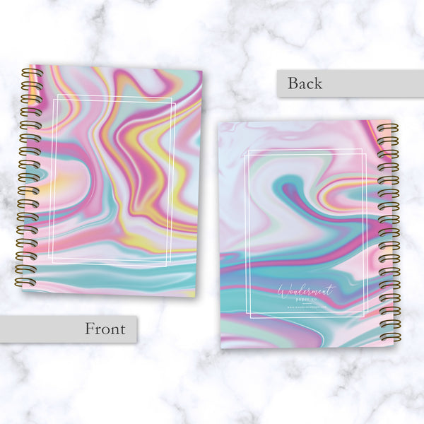 Hard Cover Spiral Notebook - Abstract Liquid Marble Design - Yellow/Pink/Blue - Front and Back