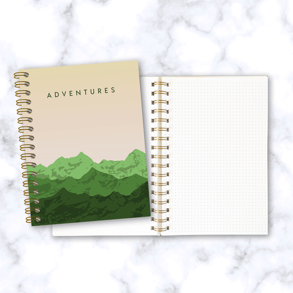 Adventures-Mountain-Range-Travel Notebook_Front Cover and Inside Dot Grid Pages