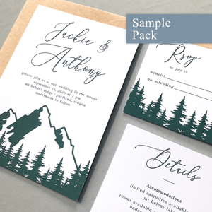 Wedding Invitation Sample Pack - The Aurora Suite - Mountains in the Woods Wedding Theme Green and Kraft
