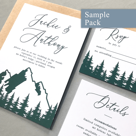 Wedding Invitation Sample Pack - The Aurora Suite - Mountains in the Woods Wedding Theme Green and Kraft