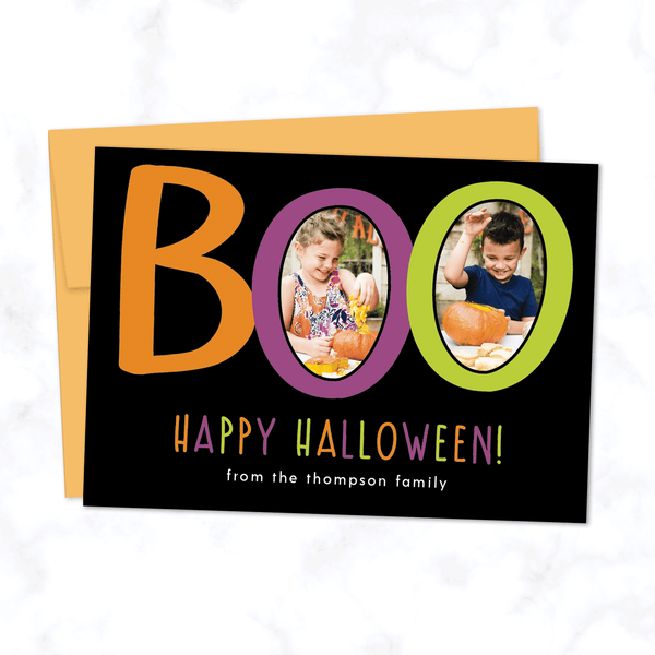 Boo! Custom Halloween Photo Card with Two Photos - with Black Background and Orange Envelope