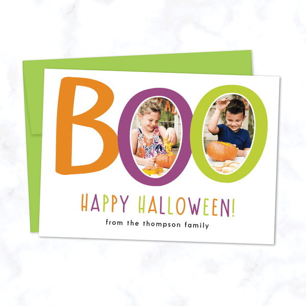 Boo! Custom Halloween Photo Card with Two Photos - with White Background and Lime Green Envelope