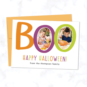 Boo! Custom Halloween Photo Card with Two Photos - with White Background and Orange Envelope