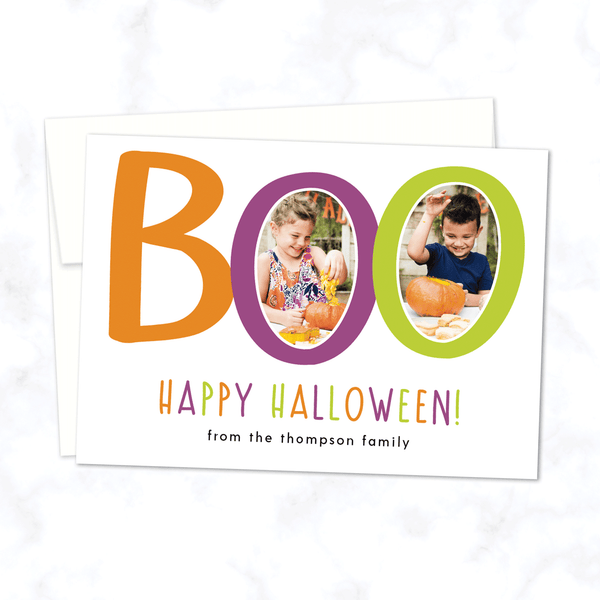 Boo! Custom Halloween Photo Card with Two Photos - with White Background and White Envelope