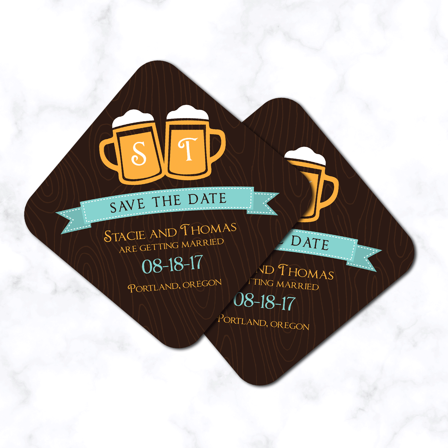 Beer Themed Save the Date Coasters - Unique Wedding Save the Date Coasters - 4x4 with Rounded Corners