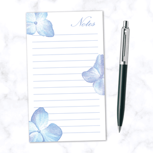 Lined Note Pad with 100 Pages with Hand Painting Blue Watercolor Flowers - Front View
