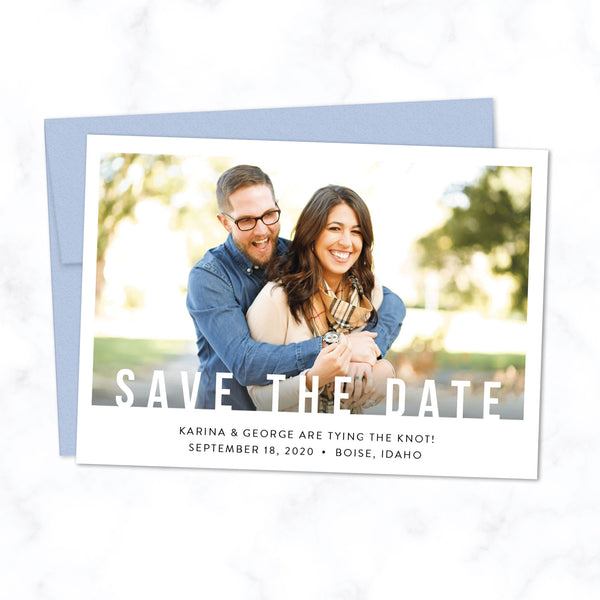 Minimal Save the Date Card with Photo and Modern Bold Typography shown with Azure Blue Envelope