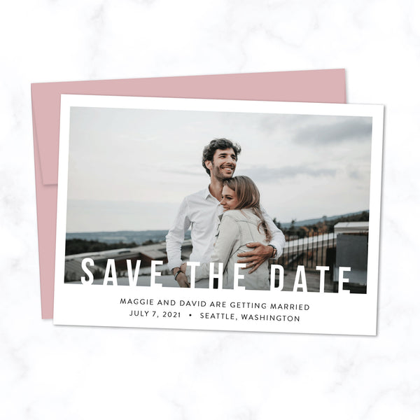 Minimal Save the Date Card with Photo and Modern Bold Typography shown with Cipria Pink Envelope