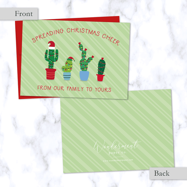 Christmas Cactus Family Greeting Card with Four Festive Cactus Plants in Christmas Lights - Front and Back View - Red Envelope Included