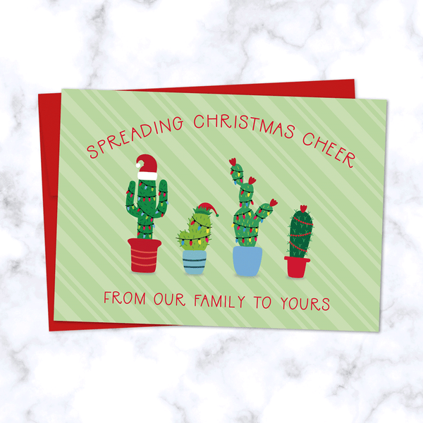 Christmas Cactus Family Greeting Card with Four Festive Cactus Plants in Christmas Lights - Red Envelope Included