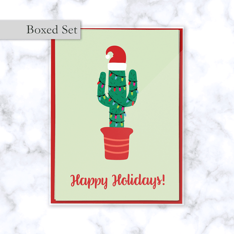 Christmas Cactus Boxed Greeting Card Set with Festive Cactus in Santa Hat and Christmas Lights with Happy Holidays Greeting - 4 Cards & Red Envelopes Included