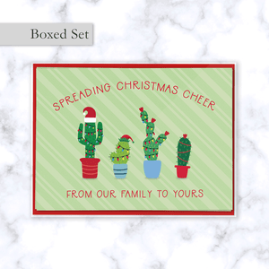 Christmas Cactus Family Boxed Greeting Card Set with Four Festive Cactus Plants in Christmas Lights - 4 Cards and 4 Reds Envelope Included