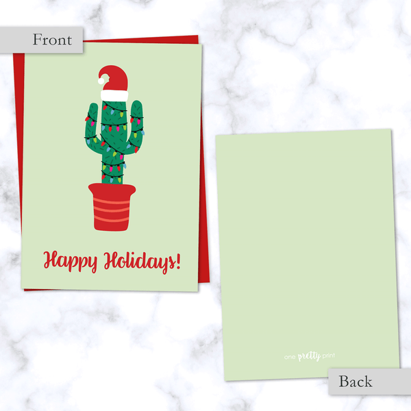 Christmas Cactus Greeting Card Front and Back View. Features Festive Cactus in Santa Hat and Christmas Lights with Happy Holidays Greeting.