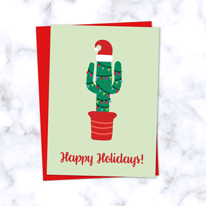 Christmas Cactus Greeting Card with Festive Cactus in Santa Hat and Christmas Lights with Happy Holidays Greeting - Red Envelope Included
