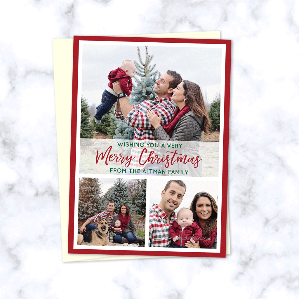 Christmas Family Photo Cards with 3 Family Photos in Modern Style Grid with Merry Christmas Script - Envelopes Included