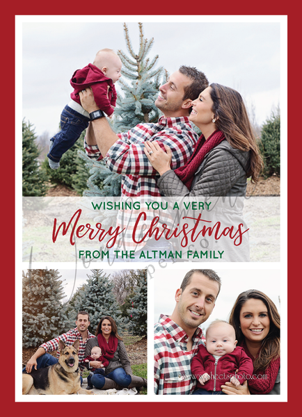 Christmas Family Photo Cards with 3 Family Photos in Modern Style Grid - Watermarked Sample Card - with Merry Christmas Script - Envelopes Included